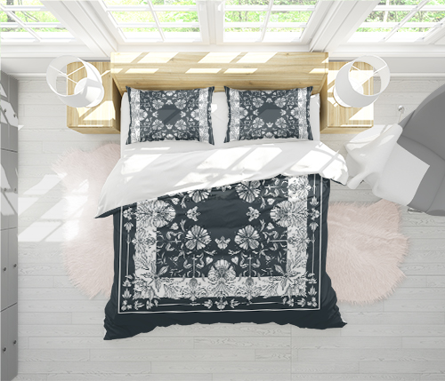Grey and White Floral Frame - Duvet Set
